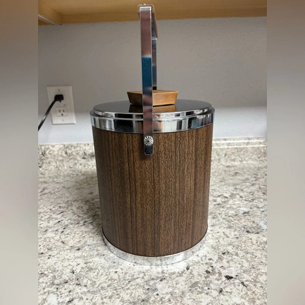 Vintage Mid Century KROMEX Walnut & Chrome Steel Ice Bucket
